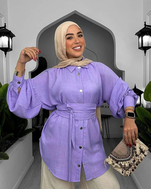 ⁦شيميز كتان مستورد بحزام - لبس بنات fashion محجبات عصري⁩ - الصورة ⁦8⁩